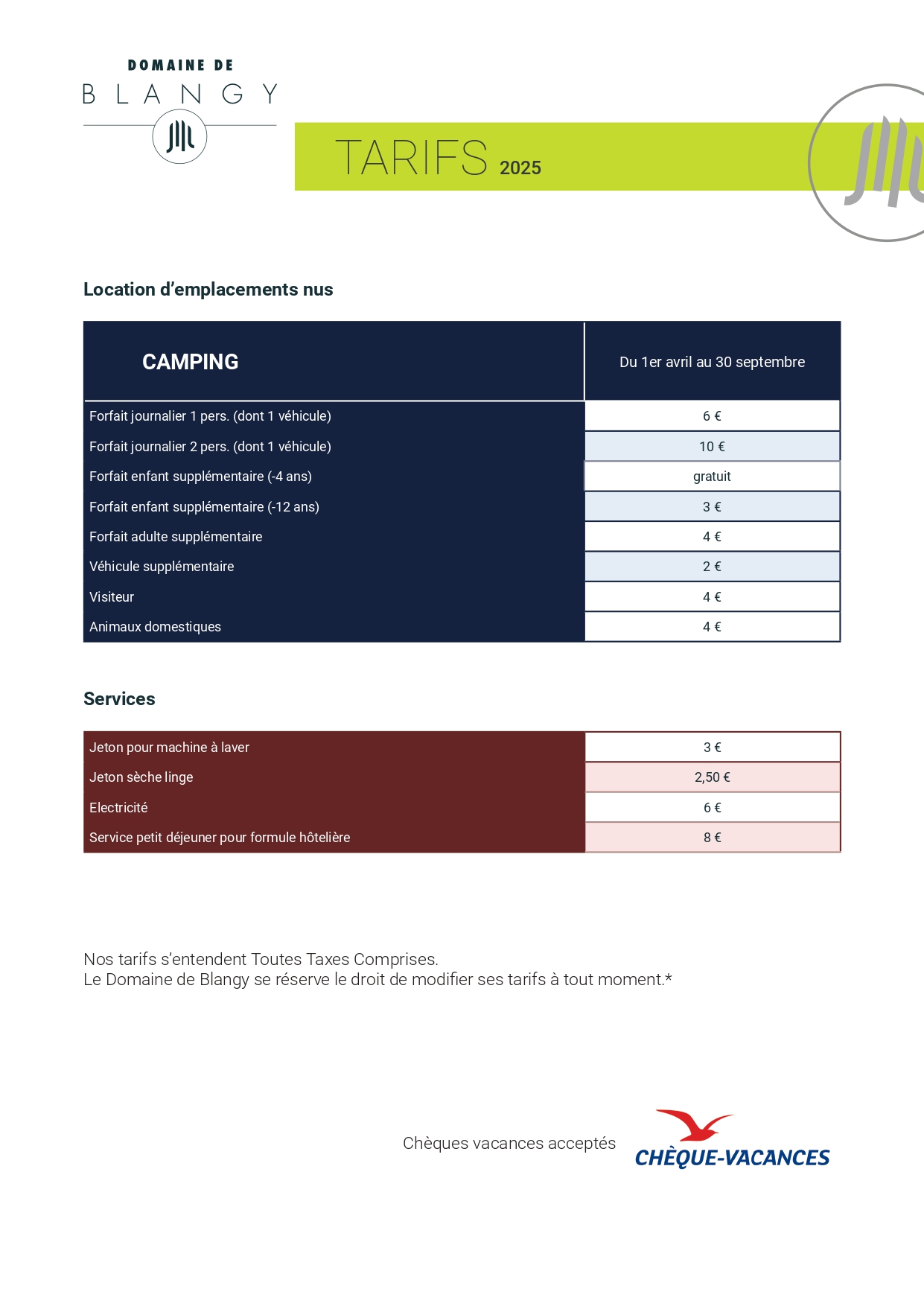 Tarif Blangy - janvier 2025